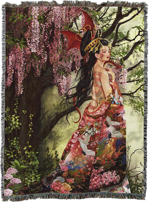 Tapestry blanket, art by Nene Thomas, black haired tattooed woman in colorful kimono with birds and flowers, strolling through cherry blossom garden with red dragon on her shoulder.