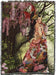 Tapestry blanket, art by Nene Thomas, black haired tattooed woman in colorful kimono with birds and flowers, strolling through cherry blossom garden with red dragon on her shoulder.