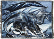 Woven blanket with a dragon design on a blue and gray winter mountain background