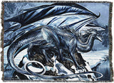 Woven blanket with a dragon design on a blue and gray winter mountain background