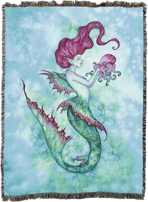 Mr. Squiggles Octopus & Mermaid Tapestry Blanket by Amy Brown