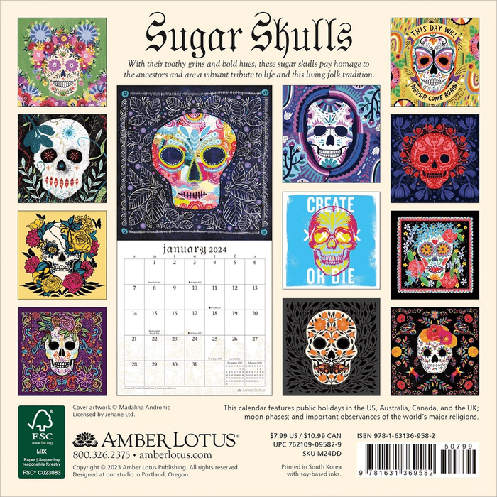 2024 Mini Sugar Skulls Day of the Dead Calendar - back showing all months
