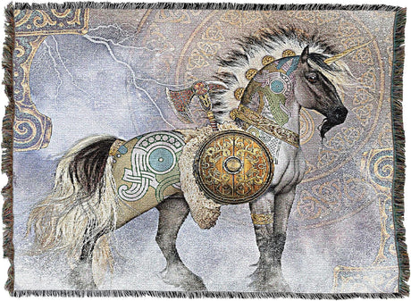 Decorative blanket with a unicorn design featuring intricate patterns and colors.