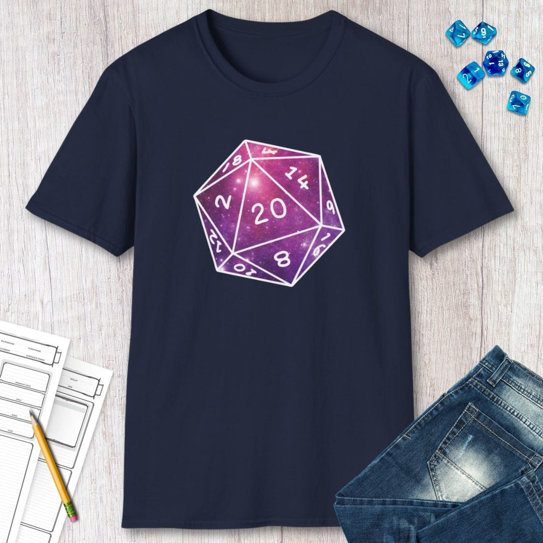 Navy blue t-shirt with a purple D20 die graphic on a wooden surface with dice and paper.