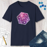 Navy blue t-shirt with a purple D20 die graphic on a wooden surface with dice and paper.