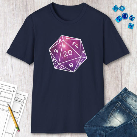 Navy blue t-shirt with a purple D20 die graphic on a wooden surface with dice and paper.