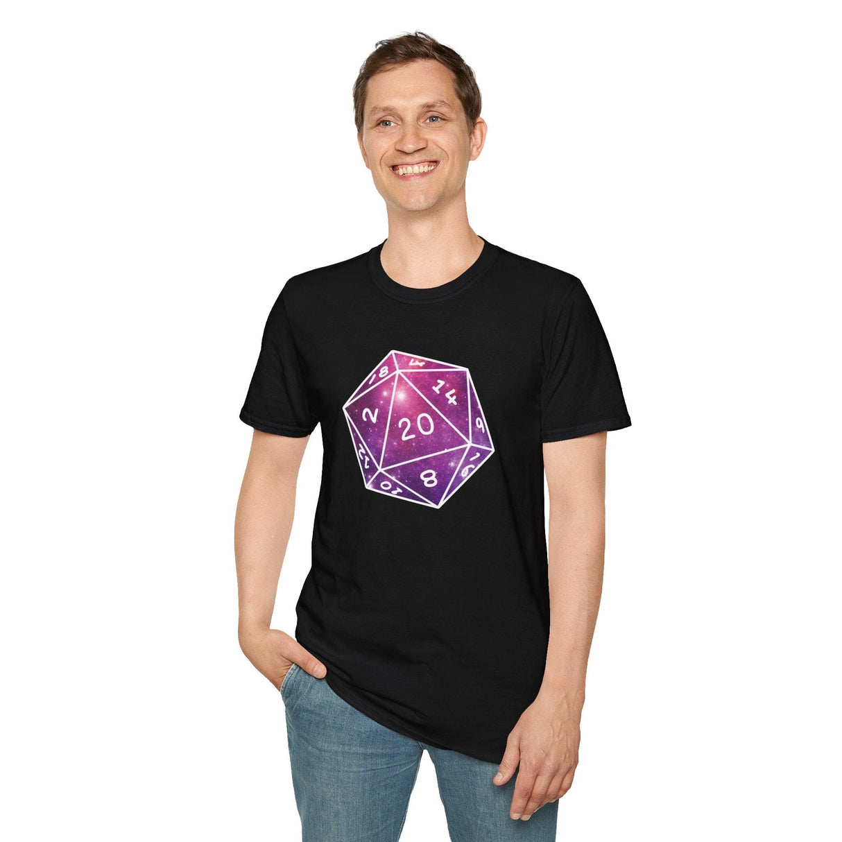 Person wearing a black t-shirt with a purple and pink D20 dice design on a white background
