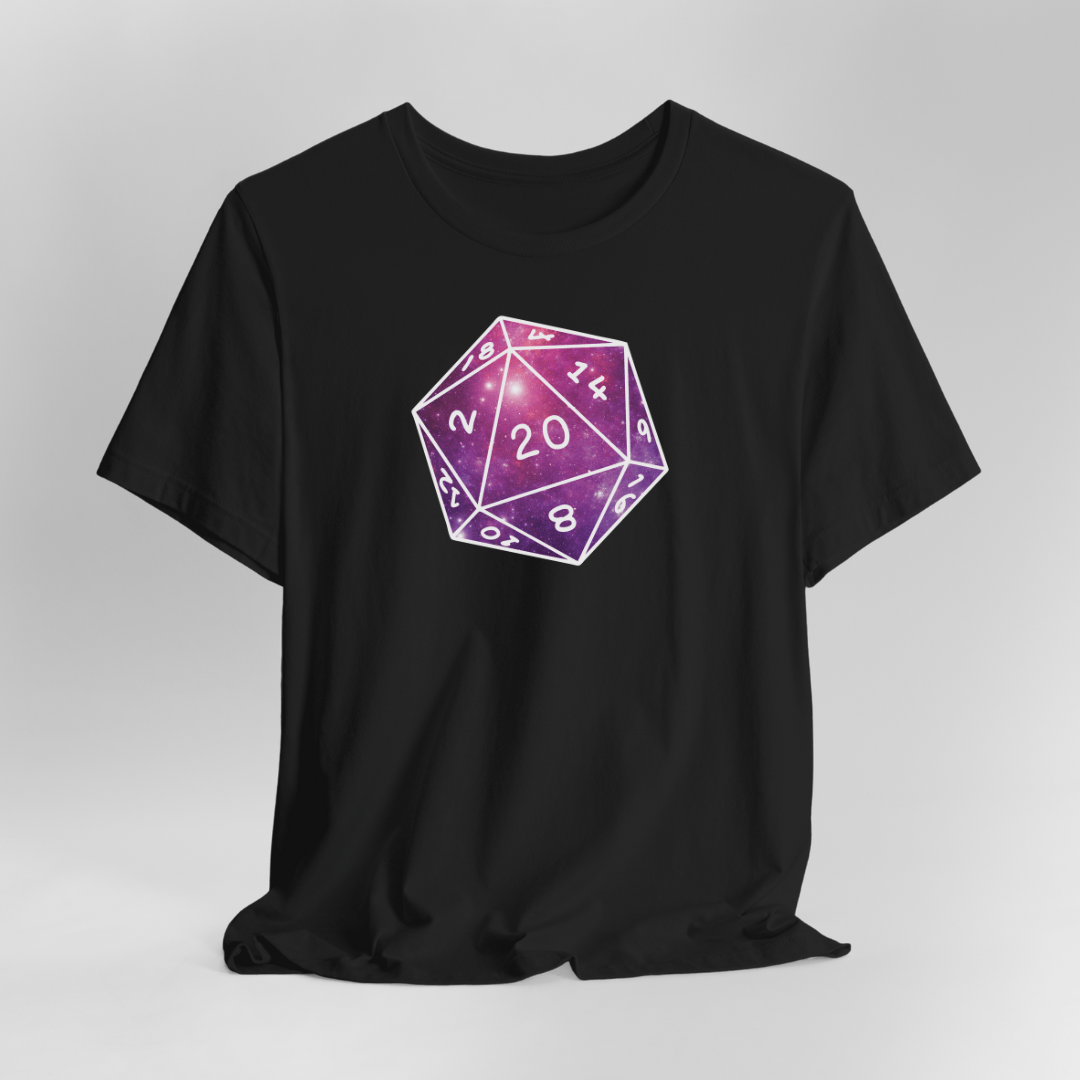 Black t-shirt with a purple, pink and white die design