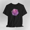 Black t-shirt with a purple, pink and white die design