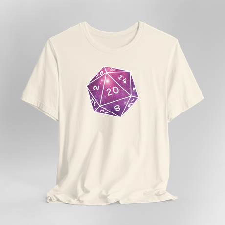 White t-shirt with a purple, pink and white die design