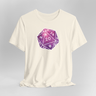 White t-shirt with a purple, pink and white die design