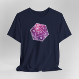 Navy blue t-shirt with a purple, pink and white die design