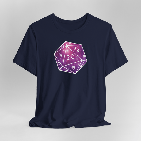 Navy blue t-shirt with a purple, pink and white die design
