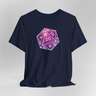 Navy blue t-shirt with a purple, pink and white die design