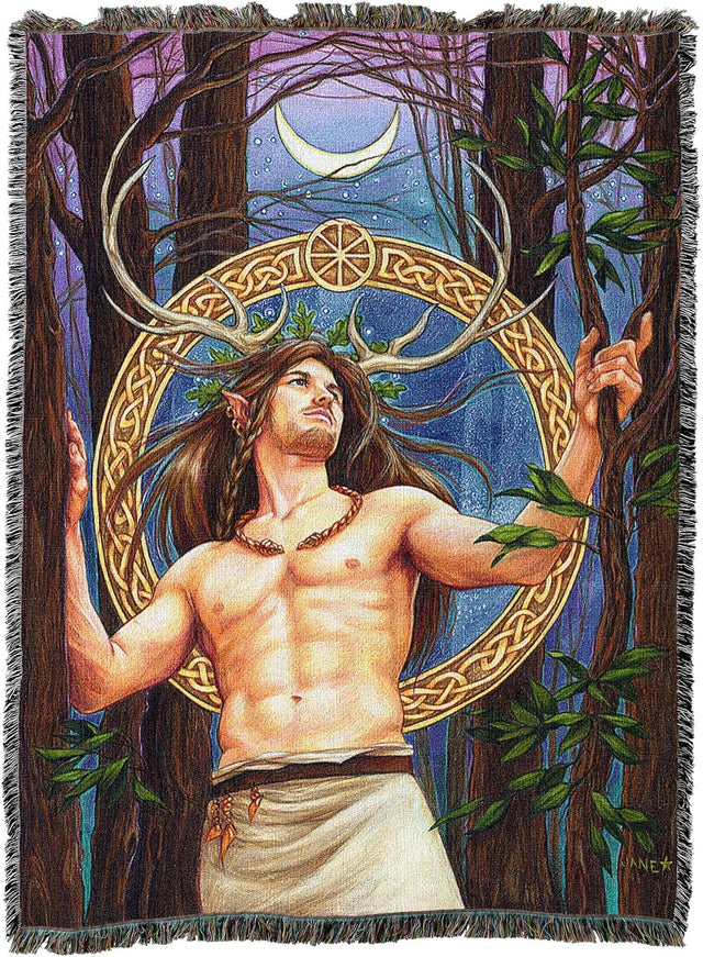 Tapestry blanket with antlered Cernunnos man deity of Celtic lore, standing in forest below crescent moon, shirtless