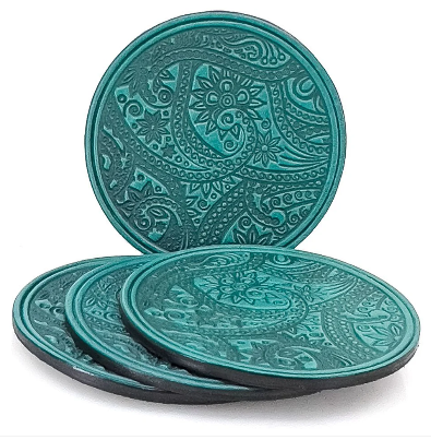 Leather coaster set with paisley design, in Teal