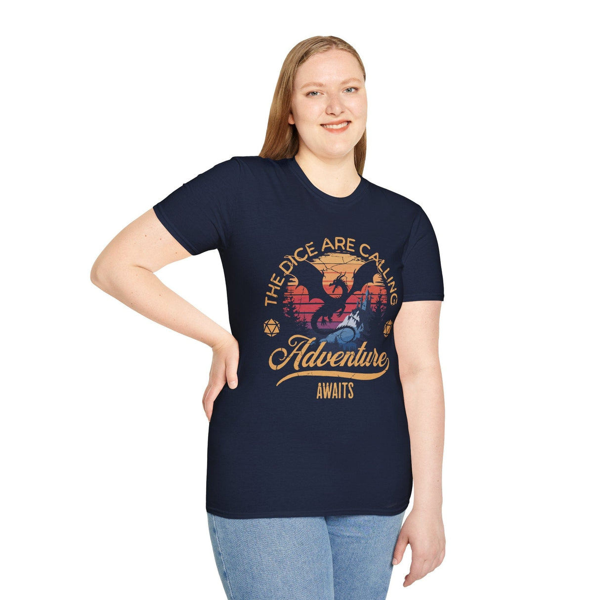 Woman wearing navy t-shirt with a dragon graphic and text that reads "The dice are calling, adventure awaits"