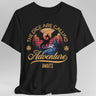 Black t-shirt with a dragon graphic and text that reads "The dice are calling, adventure awaits"