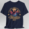 Navy blue t-shirt with a dragon graphic and text that reads "The dice are calling, adventure awaits"