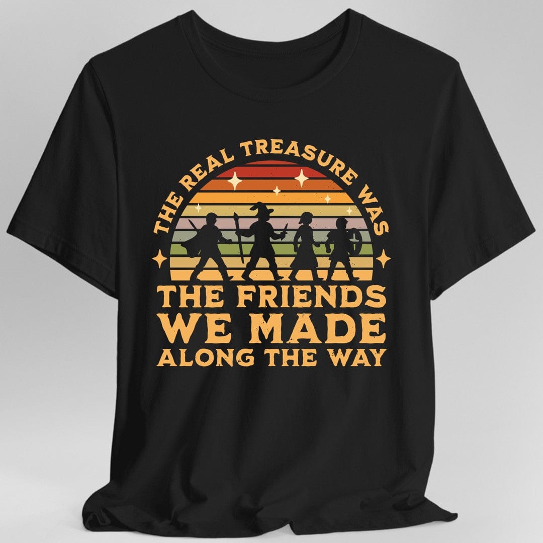 Black t-shirt with vintage-style rainbow & adventurers graphic and text reading "The real treasure was the friends we made along the way"