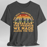 Gray t-shirt with vintage-style rainbow & adventurers graphic and text reading "The real treasure was the friends we made along the way"