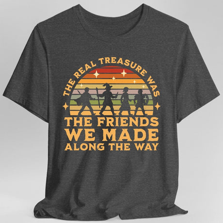Gray t-shirt with vintage-style rainbow & adventurers graphic and text reading "The real treasure was the friends we made along the way"