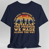 Navy blue t-shirt with vintage-style rainbow & adventurers graphic and text reading "The real treasure was the friends we made along the way"