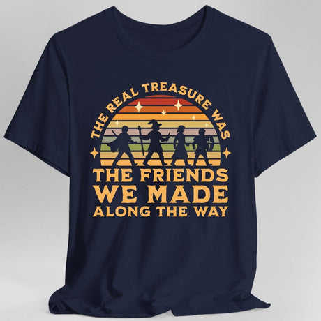 Navy blue t-shirt with vintage-style rainbow & adventurers graphic and text reading "The real treasure was the friends we made along the way"