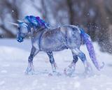 Model unicorn, silver-gray coat with blue and purple accents, shown in the snow