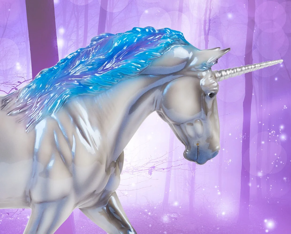 Model unicorn, silver-gray coat with blue and purple accents - head shot