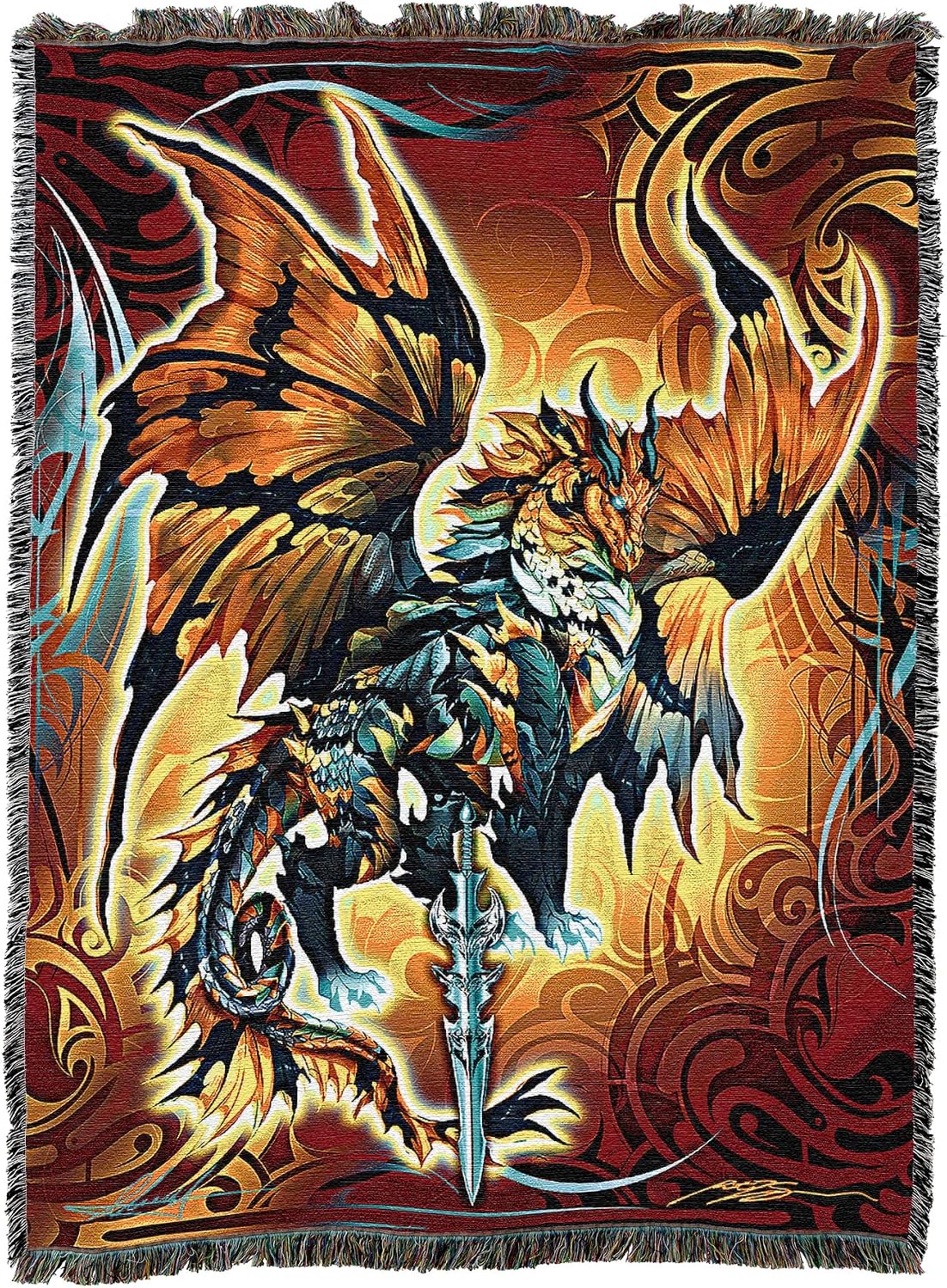 Tapestry blanket with dragon and sword. Dragon is done in shades of bronze, brown, black, blue, white, gray. Tribal designs surround it.