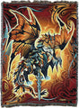 Tapestry blanket with dragon and sword. Dragon is done in shades of bronze, brown, black, blue, white, gray. Tribal designs surround it.