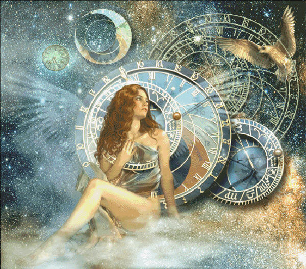 Cross stitch pattern of fairy sitting amidst clocks in the cosmos with a hawk