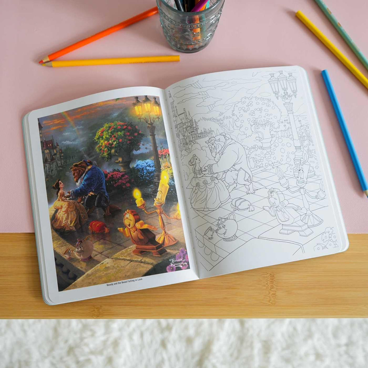 Disney Dreams Collection Thomas Kinkade Studios Disney Princess Coloring Book, example page with beauty and the beast