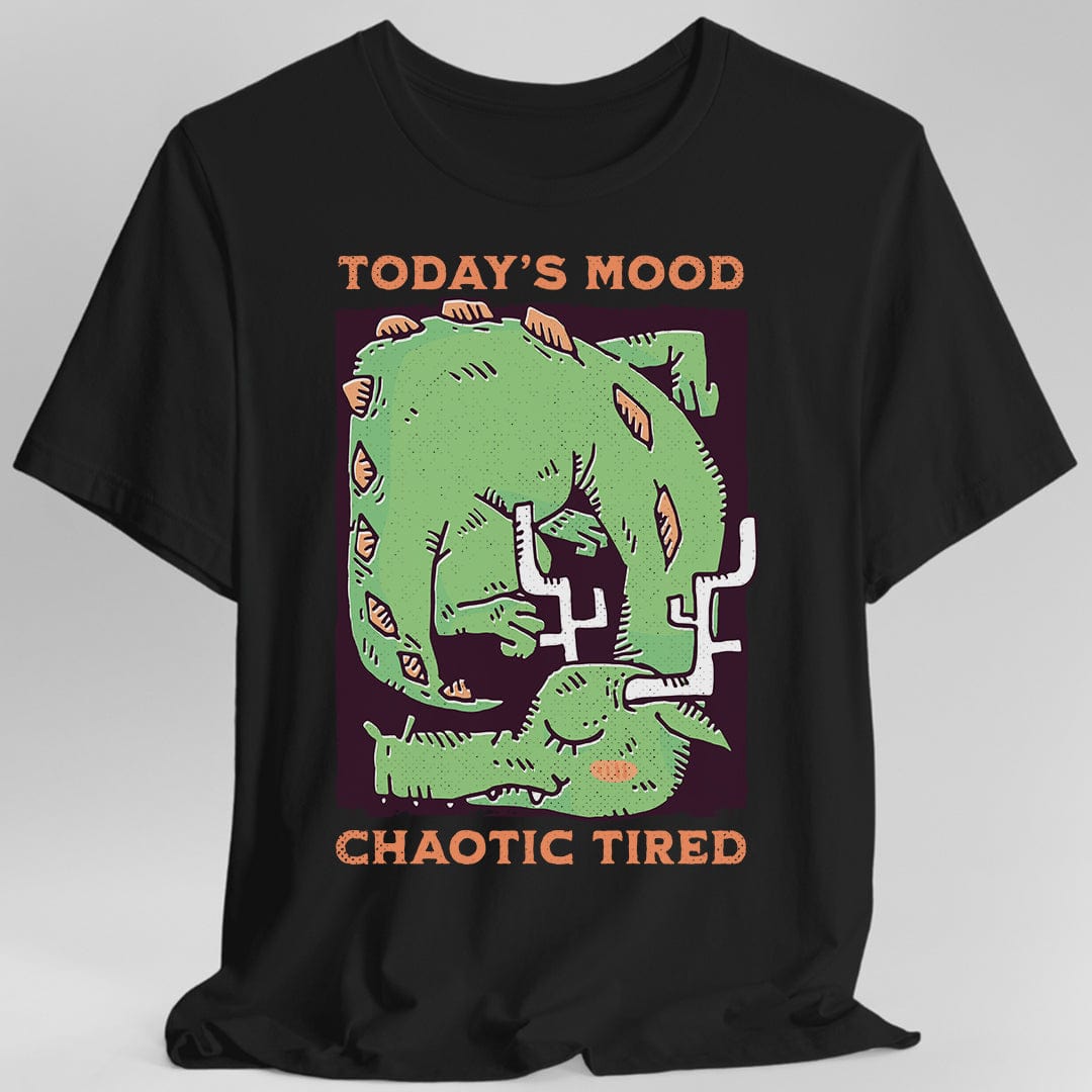 Black  t-shirt with a graphic of a green dragon and text 'Today's Mood: Chaotic Tired'