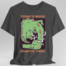 Gray t-shirt with a graphic of a green dragon and text 'Today's Mood: Chaotic Tired'