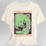 Off white t-shirt with a graphic of a green dragon and text 'Today's Mood: Chaotic Tired'