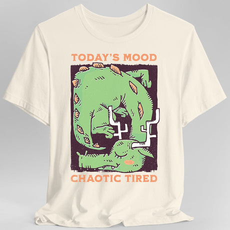 Off white t-shirt with a graphic of a green dragon and text 'Today's Mood: Chaotic Tired'