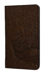 Leather checkbook cover with tree of life design in dark chocolate brown
