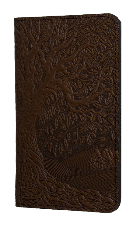 Leather checkbook cover with tree of life design in dark chocolate brown