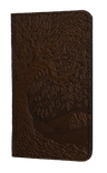 Leather checkbook cover with tree of life design in dark chocolate brown