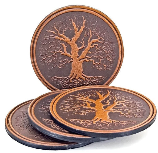 Tree of Life leather coasters, set of four, shown in saddle brown/tan color