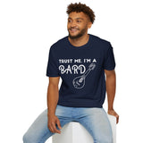 Man wearing dark blue  t-shirt with 'Trust Me, I'm a Bard' text and mandolin graphic