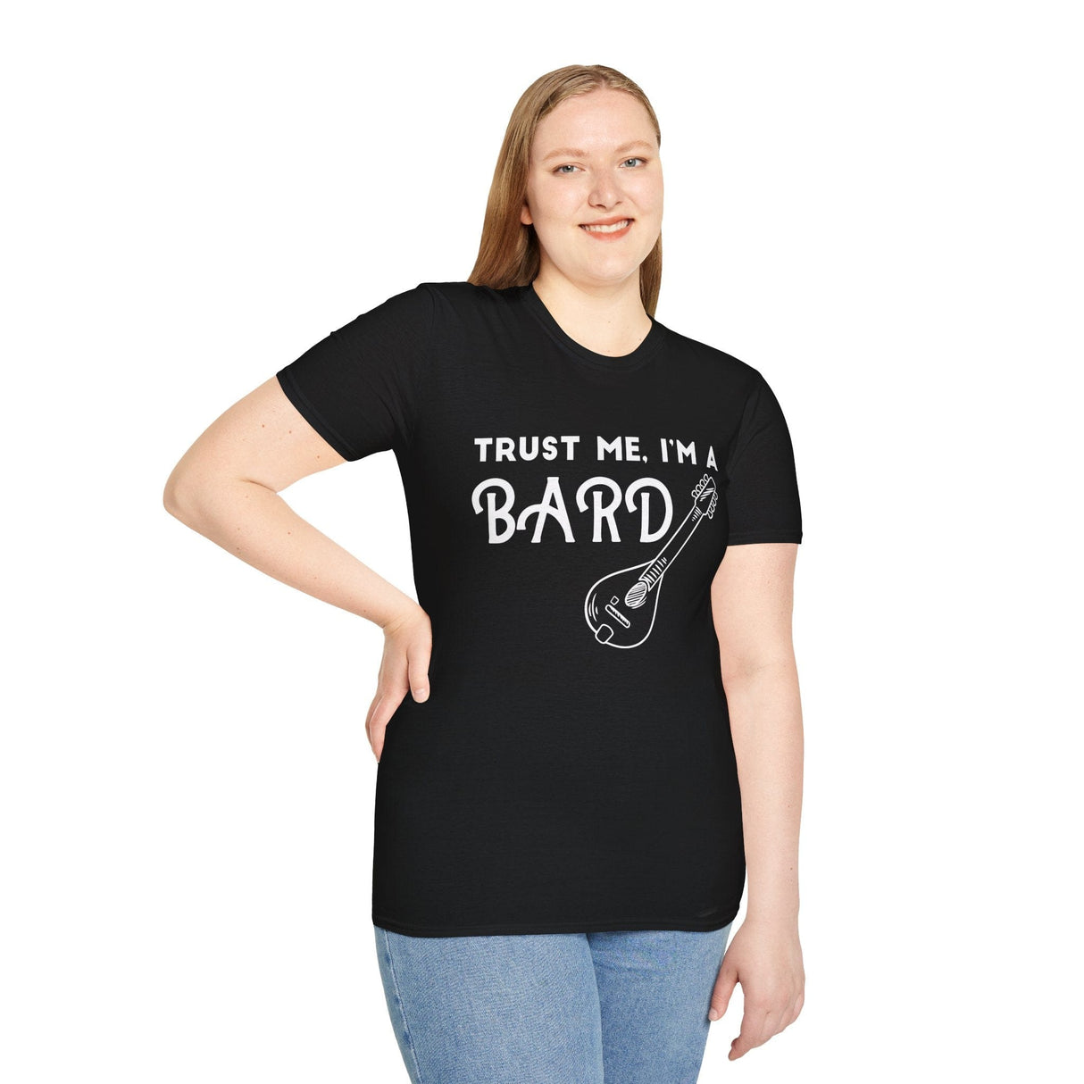 Woman wearing black  t-shirt with 'Trust Me, I'm a Bard' text and mandolin graphic
