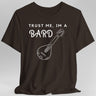 Brown  t-shirt with 'Trust Me, I'm a Bard' text and mandolin graphic
