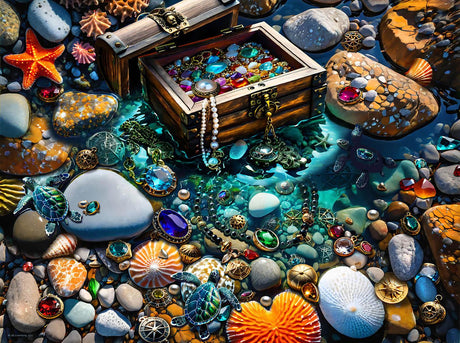 Wooden treasure chest filled with jewelry surrounded by colorful stones, turtles, and shells in a tidepool