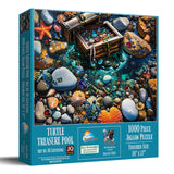 Jigsaw puzzle box with a beach theme featuring turtles, treasure chest, gems and jewels. Title "Turtle Treasure Pool", 1000 pieces