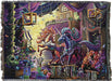 Tapestry blanket, art by Rose Khan, unicorns in a magical, colorful marketplace with potions, jewels, flowers, dragons, butterflies, ferris wheel in the background
