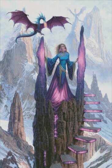 Cross stitch image of a sorceress at the top of a glowing stone staircase, with a dragon and another in the background on snowy mountain crags
