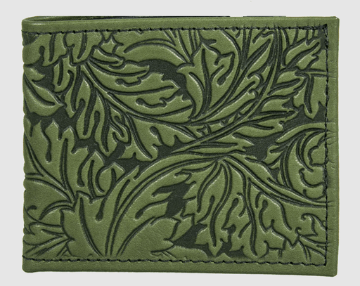 Leather wallet with acanthus leaf design, shown in fern green